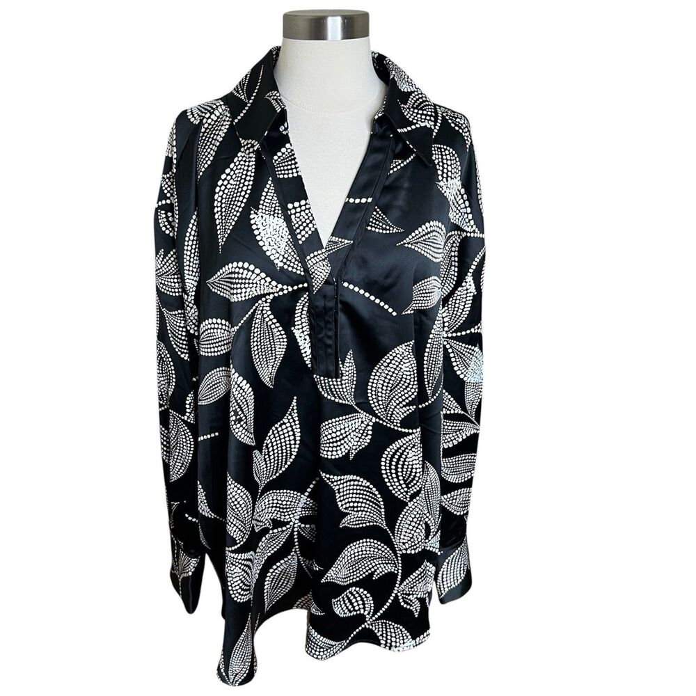 Lane Bryant Top Womens 26 Black Satin Leaf Print Long Sleeve Button Down NEW